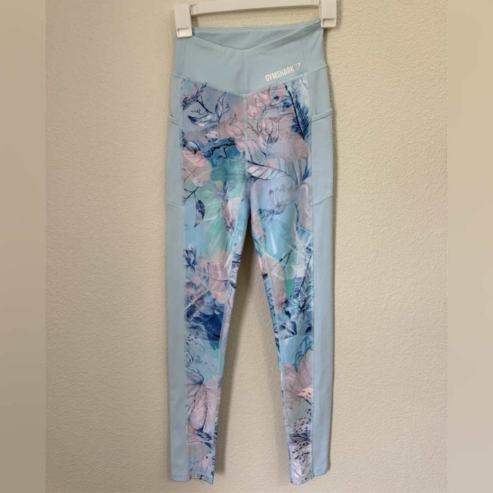 Gymshark Light Blue Patterned Efflorescent Sport Full Length Leggings Size XS